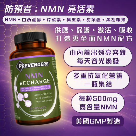 | 防預者：NMN 亮活素 | NMN + 白藜蘆醇 + 多重抗氧化植物萃取 | 適合素食人士 |